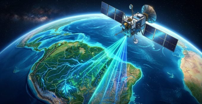 Representação artística da Missão SWOT da NASA, um satélite avançado monitorando a água doce e os rios do planeta com tecnologia de radar.