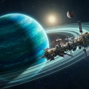 Representação artística da sonda Missão Urano CASMIUS orbitando o gigante de gelo Urano, destacando seus anéis e luas.