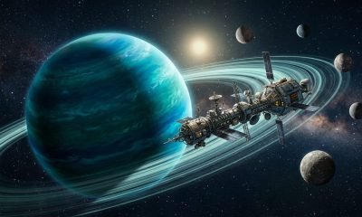 Representação artística da sonda Missão Urano CASMIUS orbitando o gigante de gelo Urano, destacando seus anéis e luas.