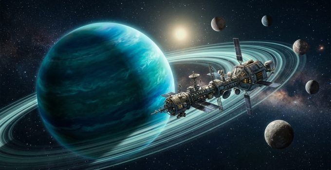 Representação artística da sonda Missão Urano CASMIUS orbitando o gigante de gelo Urano, destacando seus anéis e luas.