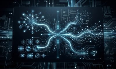 Interface futurista do Mistral Small 4, demonstrando a unificação de raciocínio, visão e codificação com símbolos digitais e fluxos de dados, destacando a eficiência da IA multimod