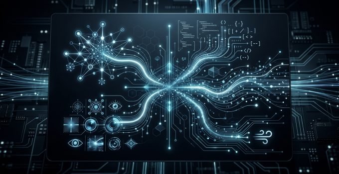 Interface futurista do Mistral Small 4, demonstrando a unificação de raciocínio, visão e codificação com símbolos digitais e fluxos de dados, destacando a eficiência da IA multimod