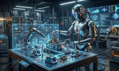 Um robô de IA interage com um ambiente 3D simulado complexo, exibindo compreensão física e causalidade, ilustrando o avanço dos modelos de mundo na IA.