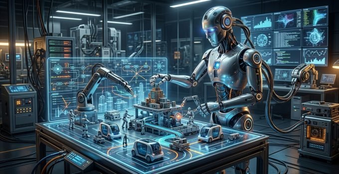 Um robô de IA interage com um ambiente 3D simulado complexo, exibindo compreensão física e causalidade, ilustrando o avanço dos modelos de mundo na IA.