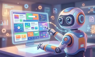 Um robô amigável com olhos de câmera, representando o MolmoWeb, interage com uma interface web complexa em uma tela, simbolizando a democratização da automação