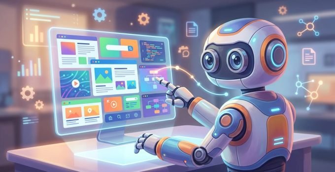 Um robô amigável com olhos de câmera, representando o MolmoWeb, interage com uma interface web complexa em uma tela, simbolizando a democratização da automação