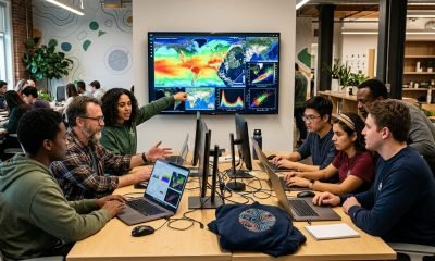 Participantes do NASA Data Hackathon colaboram ativamente em uma biblioteca, analisando dados ambientais em computadores, simbolizando o engajamento da comunida