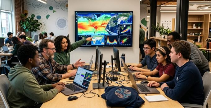 Participantes do NASA Data Hackathon colaboram ativamente em uma biblioteca, analisando dados ambientais em computadores, simbolizando o engajamento da comunida