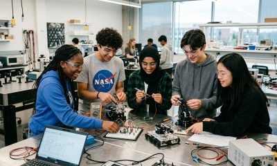 Estudantes colaboram em um projeto prático de STEM, montando e testando componentes durante o NASA Glenn High School Engineering Institute, no Centro de Pesquisa Glenn da NASA.
