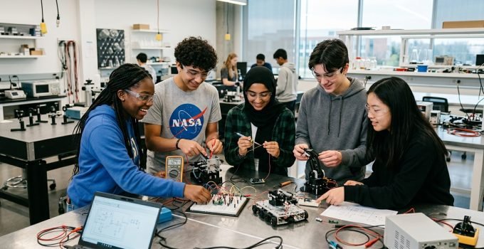 Estudantes colaboram em um projeto prático de STEM, montando e testando componentes durante o NASA Glenn High School Engineering Institute, no Centro de Pesquisa Glenn da NASA.