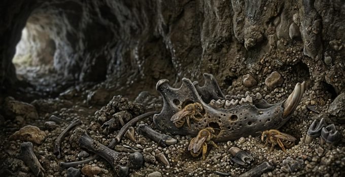 Ninhos de abelhas antigas preservados em cavidades de ossos fossilizados de roedores hutias encontrados na caverna de Hispaniola.