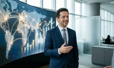 Lucas Vargas, CEO e cofundador da Nomad, em um cenário que evoca tecnologia e finanças globais, simbolizando a inovação da fintech.