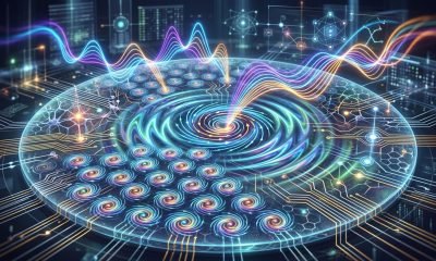 Ilustração artística de novos estados magnéticos em vórtices minúsculos, com ondas de magnons e um núcleo giratório, simbolizando a conexão entre eletrônica e computação.