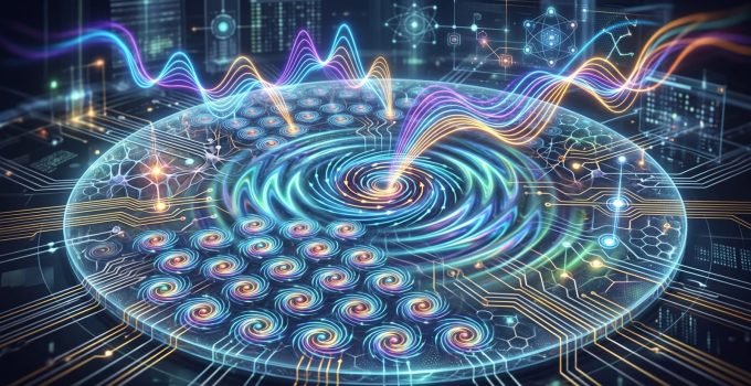 Ilustração artística de novos estados magnéticos em vórtices minúsculos, com ondas de magnons e um núcleo giratório, simbolizando a conexão entre eletrônica e computação.