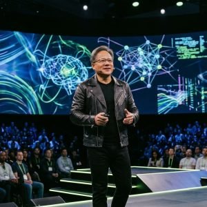 Jensen Huang no palco do GTC 2026 apresentando o Nvidia Agent Toolkit para criação de agentes de IA autônomos corporativos.