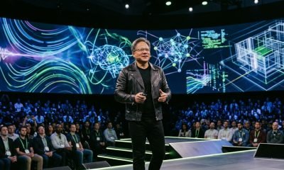 Jensen Huang no palco do GTC 2026 apresentando o Nvidia Agent Toolkit para criação de agentes de IA autônomos corporativos.