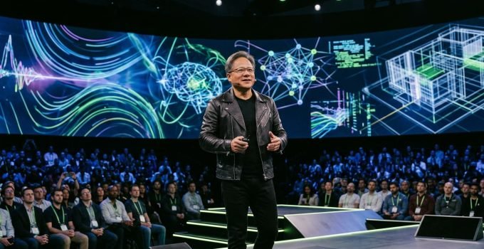 Jensen Huang no palco do GTC 2026 apresentando o Nvidia Agent Toolkit para criação de agentes de IA autônomos corporativos.