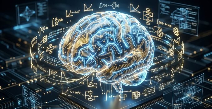 Representação visual do Nvidia Nemotron-Cascade 2, um modelo de IA eficiente, com circuitos dourados e símbolos de matemática e código, ilustrando sua performan