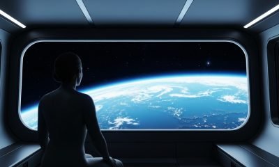 Um turista espacial observa a Terra de uma espaçonave luxuosa, ilustrando o alto custo do turismo espacial e as experiências exclusivas oferecidas.