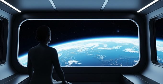 Um turista espacial observa a Terra de uma espaçonave luxuosa, ilustrando o alto custo do turismo espacial e as experiências exclusivas oferecidas.