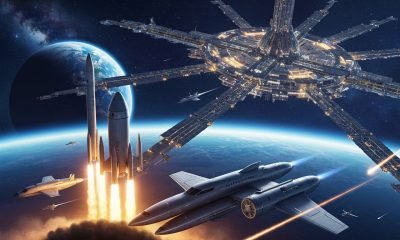 Uma cena futurista e dinâmica com naves espaciais privadas decolando e uma base lunar comercial, representando o vibrante e promissor o futuro da exploração espacial comercial.