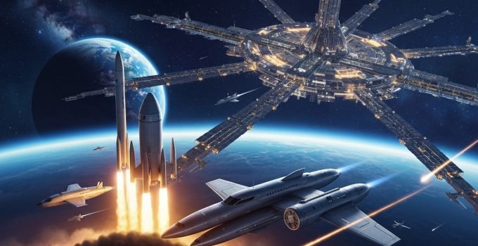 Uma cena futurista e dinâmica com naves espaciais privadas decolando e uma base lunar comercial, representando o vibrante e promissor o futuro da exploração espacial comercial.