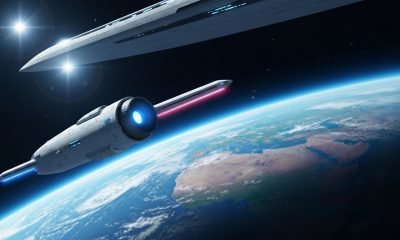 Uma espaçonave futurista decolando de uma plataforma orbital em direção a um planeta distante, simbolizando o futuro da exploração espacial impulsionado por tecnologia e ambição.