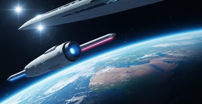 Uma espaçonave futurista decolando de uma plataforma orbital em direção a um planeta distante, simbolizando o futuro da exploração espacial impulsionado por tecnologia e ambição.