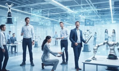 Uma imagem vibrante mostrando humanos e robôs colaborativos trabalhando juntos em um ambiente futurista, ilustrando o futuro da robótica e automação e seu impacto no trabalho.