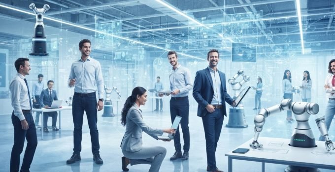 Uma imagem vibrante mostrando humanos e robôs colaborativos trabalhando juntos em um ambiente futurista, ilustrando o futuro da robótica e automação e seu impacto no trabalho.