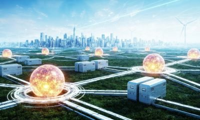 Representação futurista de um ecossistema energético integrado com tecnologia de fusão nuclear, baterias avançadas e redes elétricas inteligentes, ilustrando o futuro das energias renováveis.