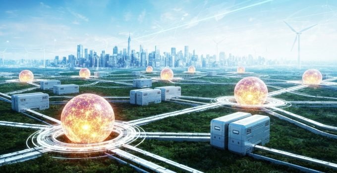 Representação futurista de um ecossistema energético integrado com tecnologia de fusão nuclear, baterias avançadas e redes elétricas inteligentes, ilustrando o futuro das energias renováveis.