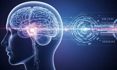 Representação futurista de interfaces cérebro-máquina, com redes neurais brilhantes conectando um cérebro estilizado à tecnologia, simbolizando o impacto das neurotecnologias na saúde e cognição humana.