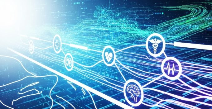 Representação futurista de redes neurais e dados médicos fluindo, ilustrando o papel da inteligência artificial na saúde e sua precisão em diagnósticos e tratamentos.