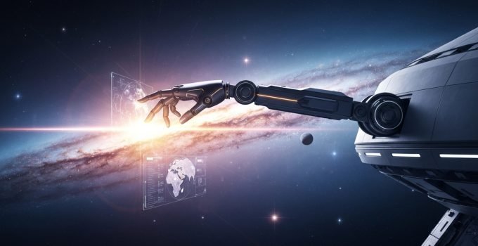 Um braço robótico avançado interagindo com projeções holográficas de dados espaciais e um mapa planetário, em um cenário cósmico deslumbrante, ilustrando o uso da inteligência artificial na exploração espacial.