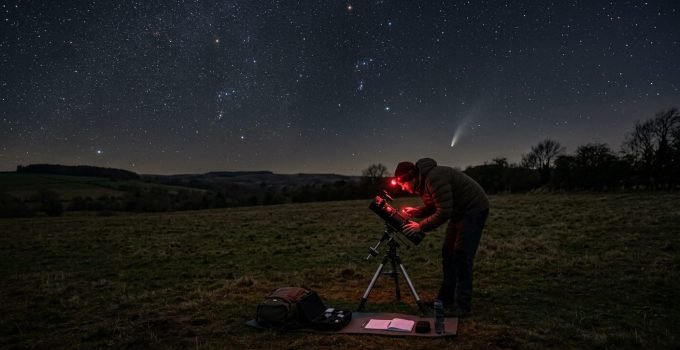 Um astrônomo amador se preparando para a observação do céu em abril de 2026, com um telescópio em um campo escuro sob um céu estrelado, onde um cometa brilha.