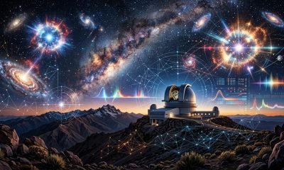 Uma visão noturna do Observatório Vera C. Rubin no Cerro Pachón, Chile, com seus domos observacionais sob um céu repleto de estrelas e a Via Láctea, destacando