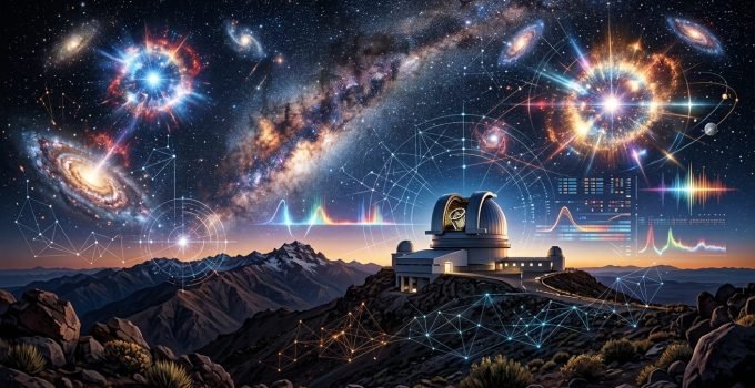 Uma visão noturna do Observatório Vera C. Rubin no Cerro Pachón, Chile, com seus domos observacionais sob um céu repleto de estrelas e a Via Láctea, destacando