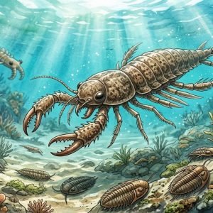 Reconstrução artística do Megachelicerax cousteaui, o ancestral de 500 milhões de anos que marca a origem das aranhas.