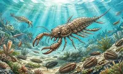 Reconstrução artística do Megachelicerax cousteaui, o ancestral de 500 milhões de anos que marca a origem das aranhas.