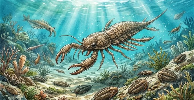 Reconstrução artística do Megachelicerax cousteaui, o ancestral de 500 milhões de anos que marca a origem das aranhas.