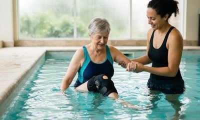 Pessoa utilizando órtese de joelho em sessão de hidroterapia para osteoartrite em piscina aquecida.