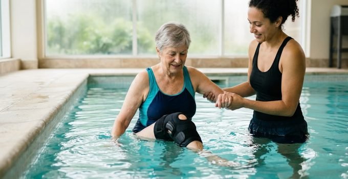 Pessoa utilizando órtese de joelho em sessão de hidroterapia para osteoartrite em piscina aquecida.