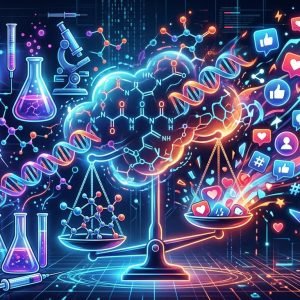 Ilustração futurista representando moléculas de peptídeos sob análise científica, com elementos de redes sociais e uma balança da justiça simbolizando a regulação da FDA no biohacking.