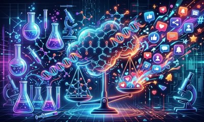 Ilustração futurista representando moléculas de peptídeos sob análise científica, com elementos de redes sociais e uma balança da justiça simbolizando a regulação da FDA no biohacking.