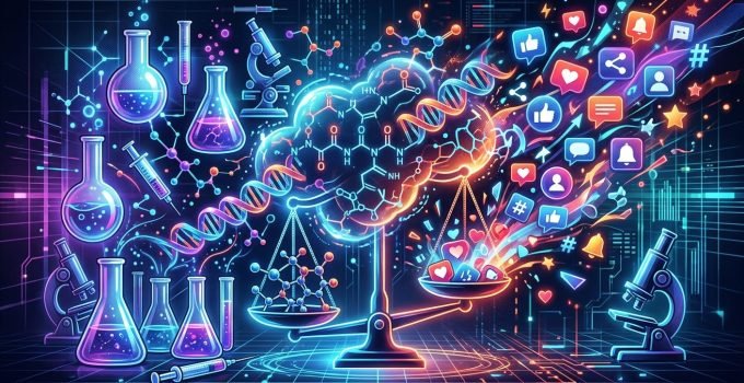 Ilustração futurista representando moléculas de peptídeos sob análise científica, com elementos de redes sociais e uma balança da justiça simbolizando a regulação da FDA no biohacking.