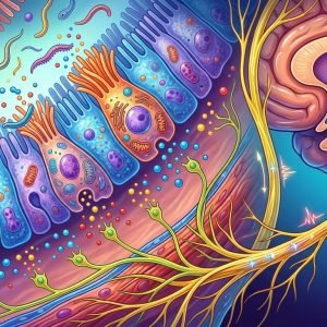 Representação microscópica de células intestinais sinalizando ao cérebro a perda de apetite durante uma infecção parasitária.