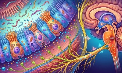 Representação microscópica de células intestinais sinalizando ao cérebro a perda de apetite durante uma infecção parasitária.