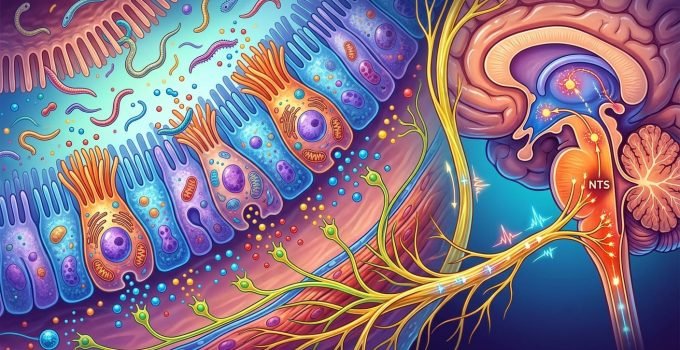 Representação microscópica de células intestinais sinalizando ao cérebro a perda de apetite durante uma infecção parasitária.