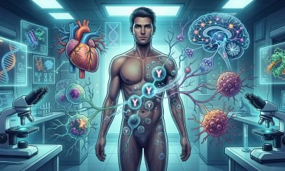 Ilustração científica mostrando a perda do cromossomo Y em homens com o envelhecimento, destacando a conexão com doenças cardíacas, Alzheimer e câncer.